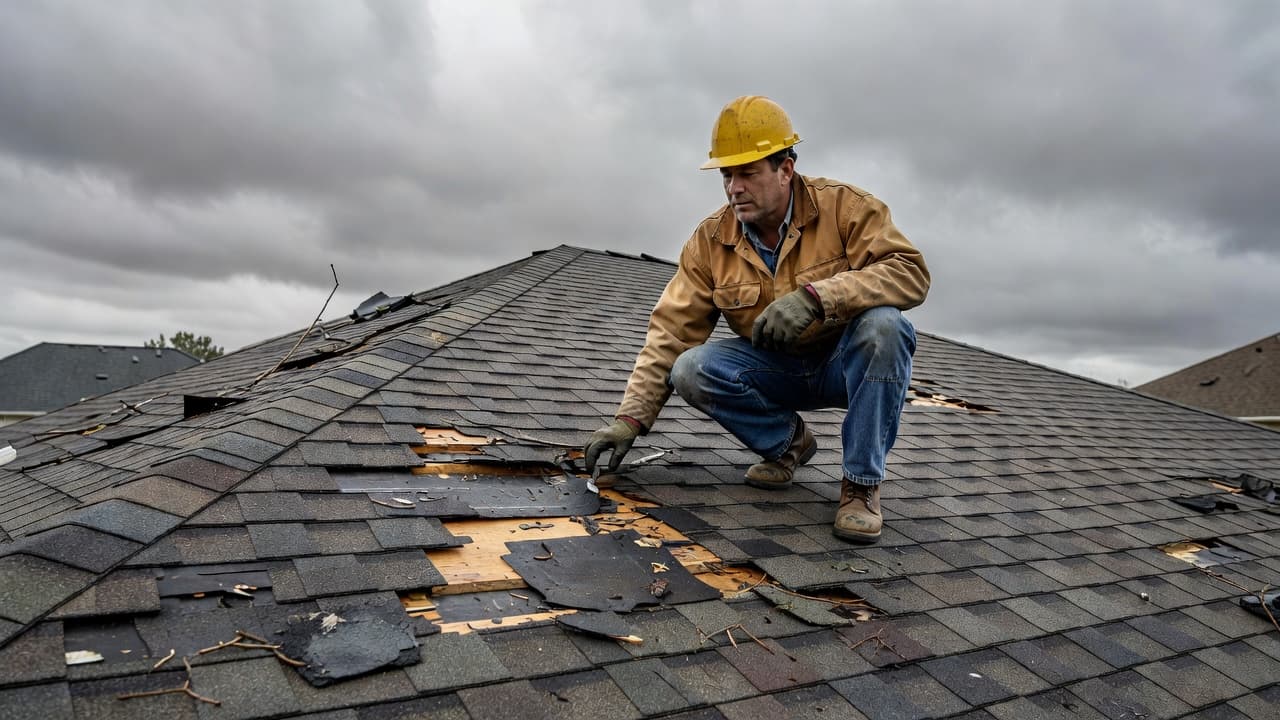 A roofer inspecting storm damage on a residential roof