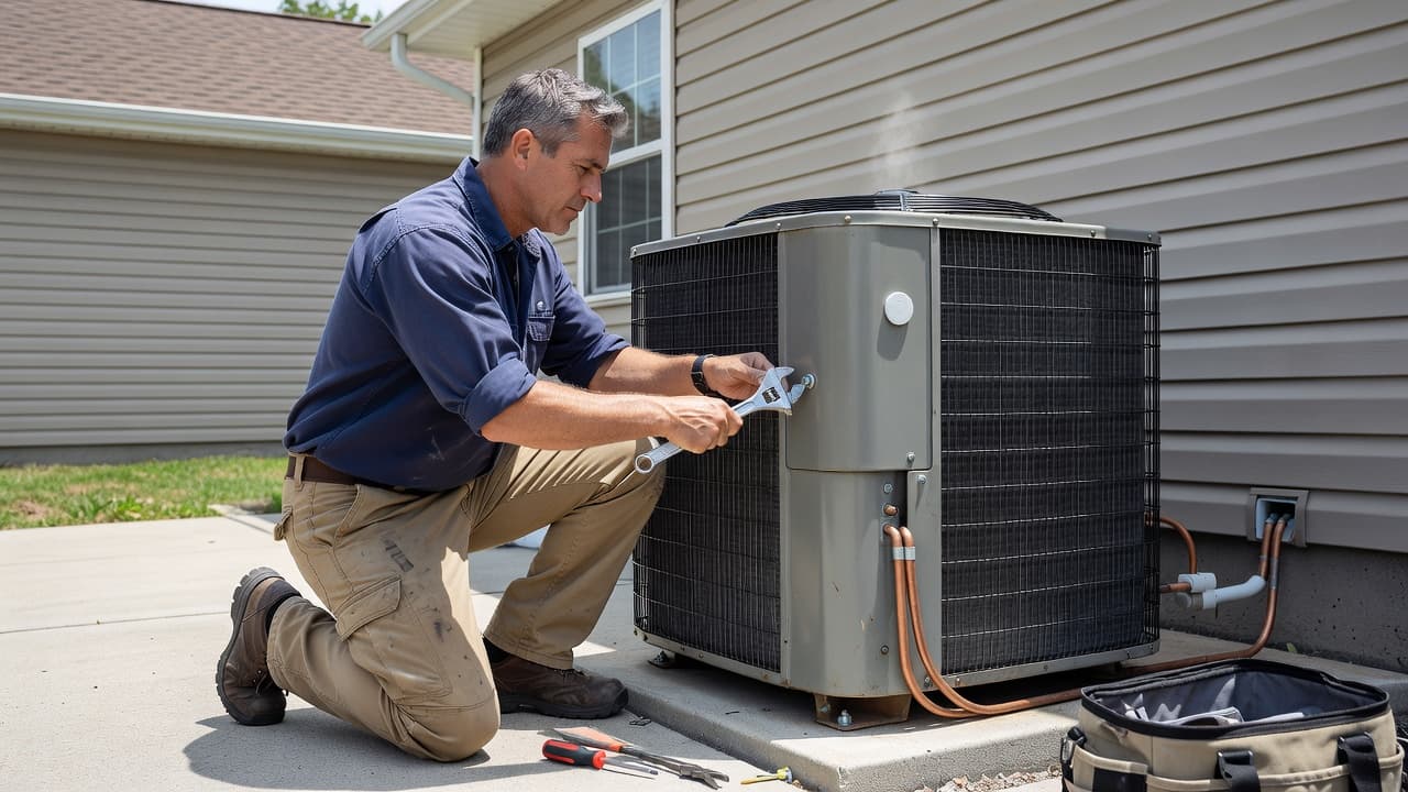 An HVAC technician servicing an outdoor condenser unit