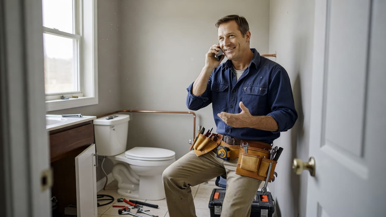 A plumber talking on the phone with a customer at a job site