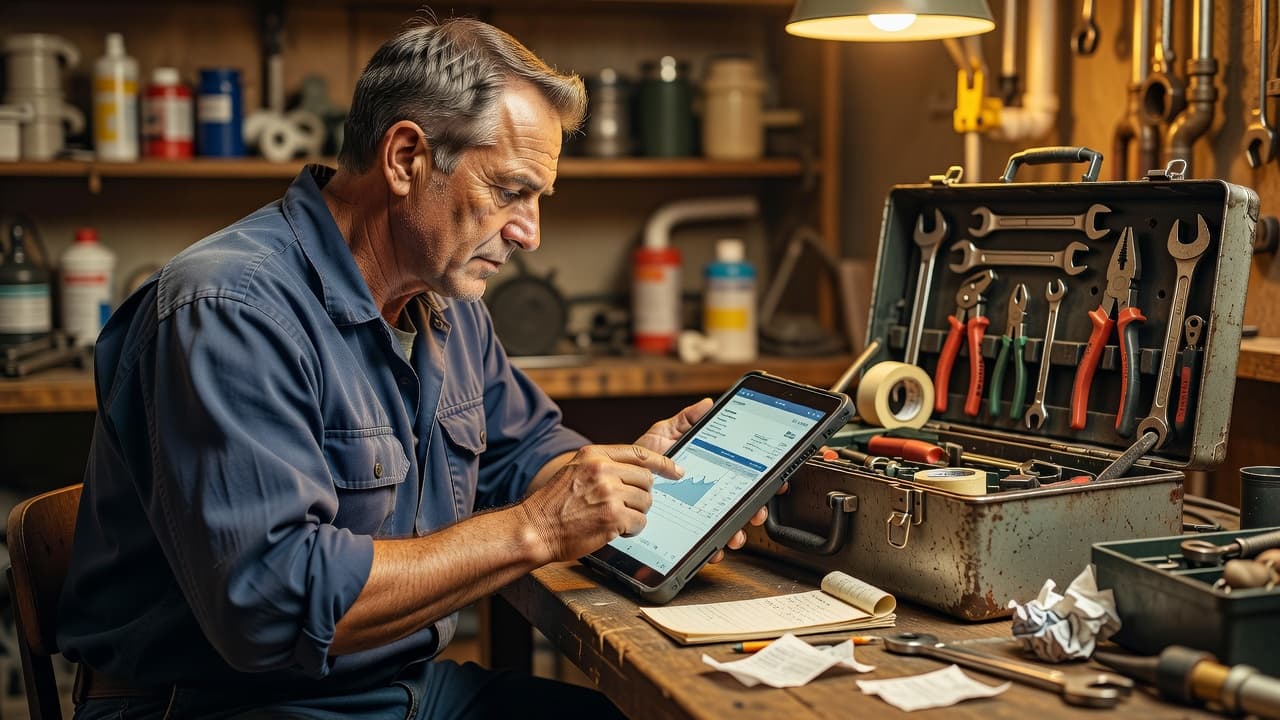 A plumber reviewing a service invoice on a tablet next to a toolbox