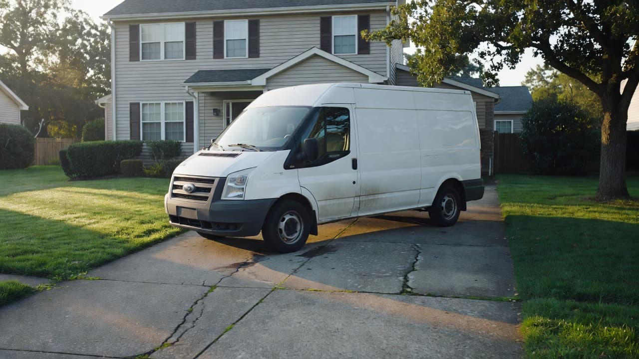 A plumber's service van parked in a suburban driveway