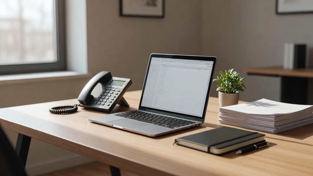 A small-business office desk with a phone and open laptop